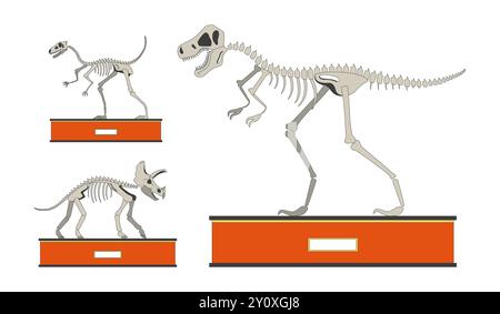 Fossil dinosaurs exhibition 2D linear cartoon objects set Stock Vector