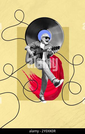 Trend artwork composite sketch photo collage of carefree party celebration holiday listen music aged man dance play guitar vinyl record Stock Photo