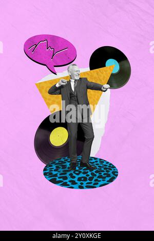 Trend artwork composite sketch photo collage of carefree party celebration holiday listen music aged man dance vinyl record speech cloud Stock Photo