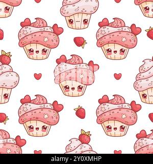 Seamless pattern with cute romantic cream cupcake with heart on white background with strawberries berries. Funny sweet dessert cake kawaii character Stock Vector