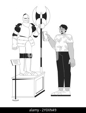 Arab man taking photo of medieval knight armor black and white 2D line cartoon character Stock Vector