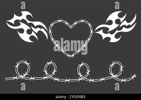 Wire Barb heart frame y2k tattoo border gothic spiky punk print isolated on white background. Barbwire emo boundary heart shape. Vector illustration Stock Vector