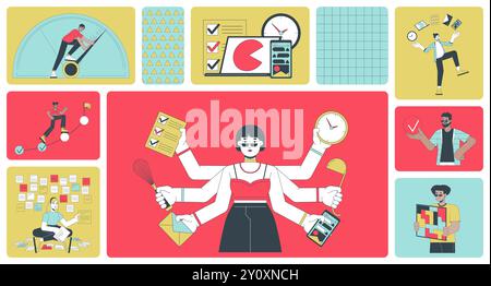 Productivity people bento grid illustration set Stock Vector