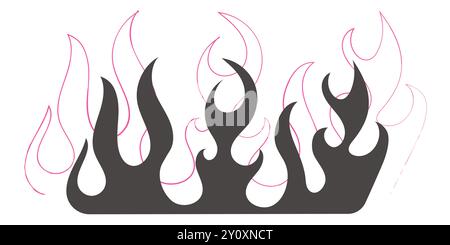 Flame neo tribal tattoo y2k hot print line and silhouette retro ornament collection. Fire set design elements isolated on white. Vector illustration Stock Vector