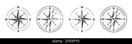 Wind rose compass navigation vector illustration on white background black icon set, North, South, East, West Stock Vector