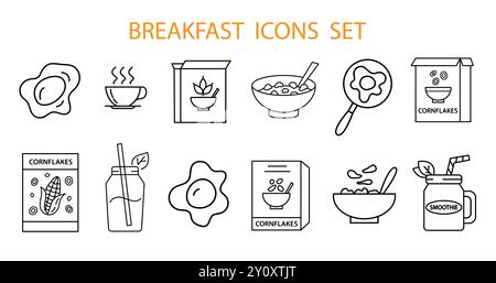 Healthy Breakfast vector line icons set egg flakes Stock Vector