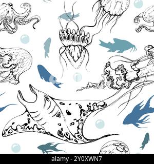 Marine life, sea ocean underwater creatures fish, shells algae seaweed, Ink and pen sketch hand drawn. Seamless pattern illustration, stylized Stock Vector