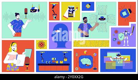 AI technologies people bento grid illustration set Stock Vector