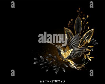 Artistically painted, jewelery black flying hummingbird on a black background with flowers of exotic plants and twigs of golden, shiny gypsophila. Des Stock Vector