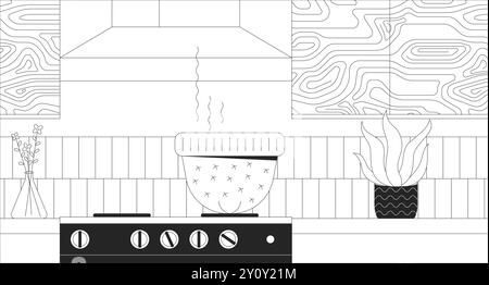 Cooking soup in knitted hat on stove black and white line illustration Stock Vector