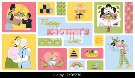 Happy mother day bento grid illustration set Stock Vector
