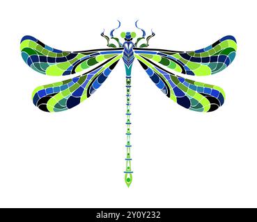 Artistically drawn, silhouette dragonfly decorated with green and blue mosaic wings on white background. Original drawing of a dragonfly. Stock Vector