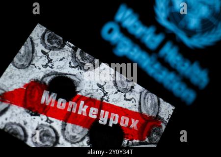 Tunis, Tunisia. 2nd Sep, 2024. Tunis, Tunisia, 02 September 2024. In this photo illustration, the word Monkeypox is seen on a screen of a smartphone next to a map of the world. In August 2024, the World Health Organization has declared mpox, also known as monkeypox, a global public health emergency. The current outbreak is centered on the Democratic Republic of Congo, although cases of mpox infection have recently been spotted in Sweden and Pakistan (Credit Image: © Hasan Mrad/IMAGESLIVE via ZUMA Press Wire) EDITORIAL USAGE ONLY! Not for Commercial USAGE! Stock Photo