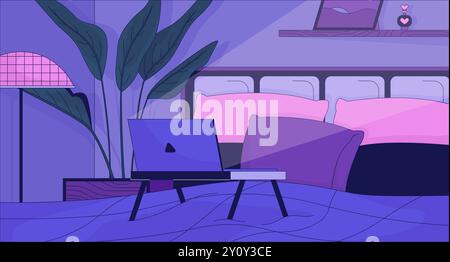 Laptop bed desk in bedroom at night 2D cartoon background Stock Vector