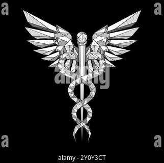 Polygonal, gray, monochrome, artistically drawn caduceus symbol with two snakes on black background. Medicine symbol. Stock Vector