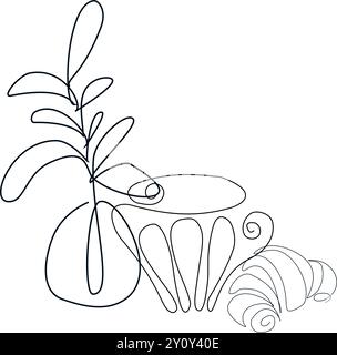 Cup of aroma coffee, herbal tea. Art single line symbol on white background. Vector simple illustration. Abstract graphic bush Stock Vector