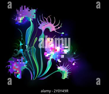 Artistically drawn, glowing, luminescent carnivorous plant venus flytrap on black background. Botanical illustration. Stock Vector