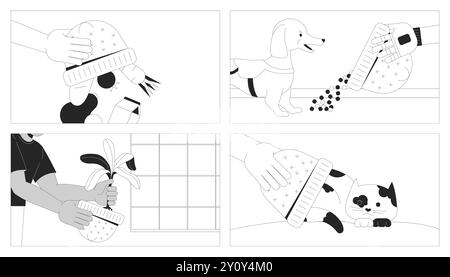 Finding new usage of hats black and white line illustration set Stock Vector