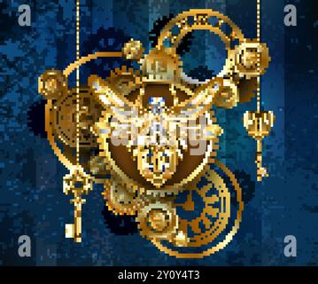 Mechanical insect with metal, jeweled wings and keyhole on abdomen, fitted with gold gears on blue striped, textured background. Steampunk style. Stock Vector