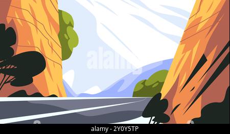 Mountain road between cliffs and trees with blue sky and clouds landscape Stock Vector