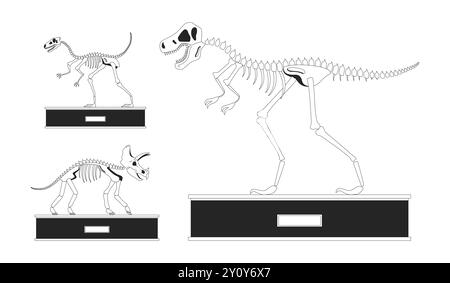 Fossil dinosaurs exhibition black and white 2D line cartoon objects set Stock Vector