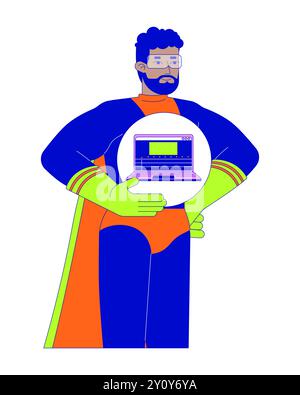 African american man hero with laptop 2D linear cartoon character Stock Vector