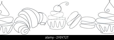 Bakery products in continuous line art drawing style. Black line sketch on white background. Vector illustration Stock Vector