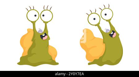 Two adorable cartoon snails with large, expressive eyes and cheerful expressions, perfect for children's illustrations and animations. Stock Vector