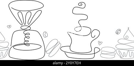 Coffee cup, kettle and aroma beans. Abstract line vector border on white background. Graphic design for coffee shop and cafe Stock Vector