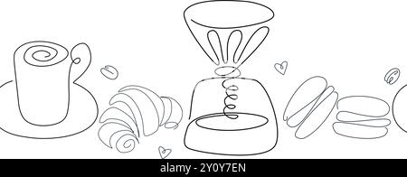 Cookie and coffee line border. Donut, croissant, cup and aroma beans. Vector set. Bakery and cafe abstract symbol Stock Vector