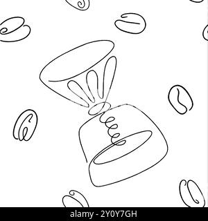 Seamless pattern of coffee, vector background. Cute beverages, hot drinks flat line icons - coffeemaker machine, beans, cup, grinder. Repeated texture Stock Vector