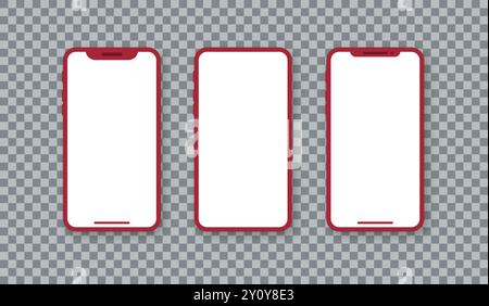 Red smartphone on transparent background. Set of mobile phone mockup with empty white screen. Vector Stock Vector