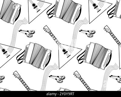 Seamless pattern on the theme of musical instruments. Balalaika, accordion, wooden painted spoons, all objects are hand-drawn in vector. Stock Vector
