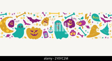 Cute hand drawn Halloween horizontal pattern with pumpkin and magic elements. Vector illustration great for textiles, surfaces, banners, wallpapers. Stock Vector