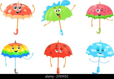 Umbrella mascot. Cartoon umbrellas cute characters, folded parasol with face emotion and hands gesture, rainy weather rain protection mascots set vector illustration original artwork Stock Vector