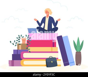 Entrepreneur on books. Wisdom business woman read study book, intelligence and skill growth corporate education, woman reading library books literature learning vector illustration original artwork Stock Vector