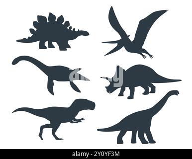 Dinosaur silhouette set, collection isolated on white background. Black dinosaur silhouette icon side view. Vector illustration Stock Vector