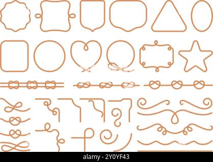 Rope frame borders. Cartoon string border shape, cord round square frames and corner nautical knot lasso loop vintage curve cable ornate fiber thread set swanky vector illustration original artwork Stock Vector