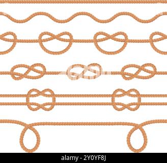 Cartoon rope pattern. Straight string border, fiber cord curve with nautical knot thread cable rough shape connection hanging twisted strings isolated swanky vector illustration original artwork Stock Vector