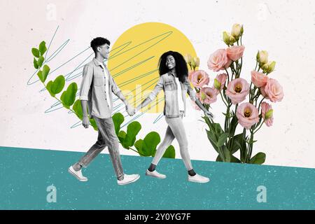 Image collage poster of happy people walking together celebrate 8 march isolated on drawing background Stock Photo