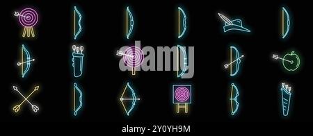 Bright glowing neon archery icons set with different bows, arrows, targets, and quiver on black background Stock Vector