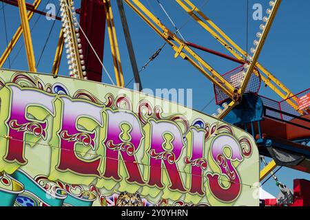 Old Fashioned, Vintage Painted Sign, Fairground Art Advertising A Ferris Wheel Funfair Ride, Mudeford UK Stock Photo