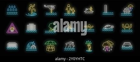 Diverse set of colorful neon icons illustrating the dangers of flooding and the importance of safety measures Stock Vector