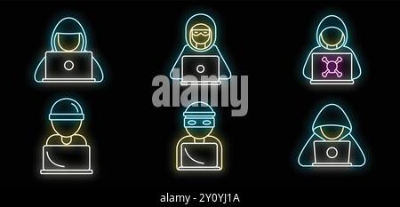 Neon icons of hackers coding on their laptop computers, wearing balaclavas and hoodies Stock Vector