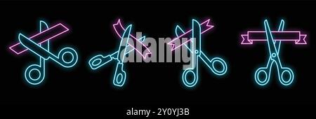 Glowing neon line scissors cutting ribbon icons isolated on a black background, symbolising a grand opening or inauguration Stock Vector