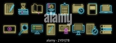 Neon icon set representing different aspects of education, studying, reading and writing, with a focus on time management Stock Vector