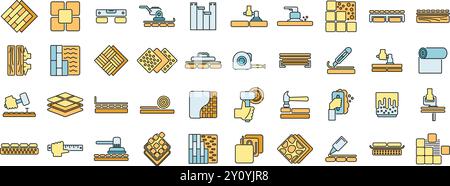 Construction workers installing and laying floor covering, including ceramic tiles, laminate, linoleum and parquet planks Stock Vector