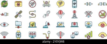 Set of linear icons representing lack of internet connection, wifi problems and network errors Stock Vector