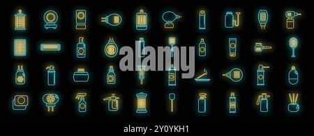 Collection of bright neon icons with mosquito protection elements on a black background Stock Vector