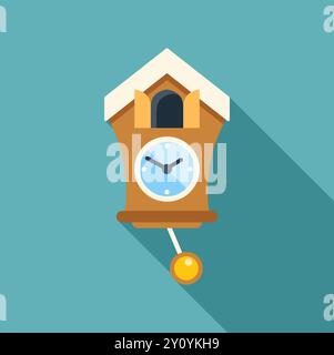 Cuckoo clock showing five o'clock with long shadow on turquoise background Stock Vector